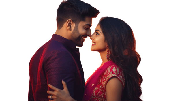 Happy Romantic Couple Giving Eye Contact Pose for Photo . png