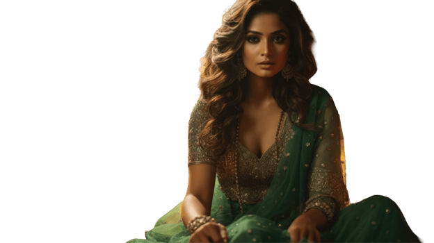 Indian female model in green dress and elegant jewelry, attending wedding ceremony or festival. png