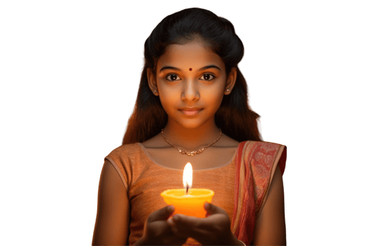 Young Indian Girl Photo with Illuminated Diwali Oil Lamp on Background. png