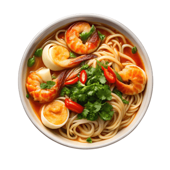 Noodles ramen in spicy soup with shrimps with transparent background png