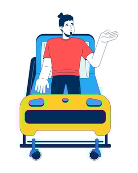 Male patient sitting upright on hospital bed 2D cartoon character. Medical recovery process. Inpatient man caucasian isolated person flat on white background. Spot illustration colorful vector