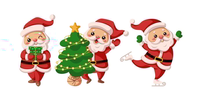 Happy Santa Clauses holiday mood flat color icon set. Christmas with gift decorated tree and ice skating characters pack on white vector