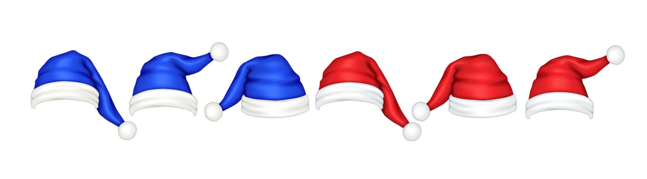 Red and blue Santa Claus hats realistic color icons set. Essence of Christmas celebration and holiday spirit 3d objects bundle on white vector