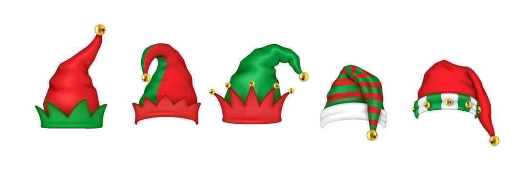 Christmas elf hats with bells and pointy tips realistic color icons set. Cheerful holiday atmosphere 3d objects bundle on white background vector