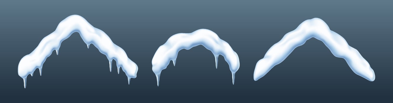 Snow caps of houses roofs realistic color icons set. Snowdrifts with icicles for Christmas 3d objects collection on grey background vector