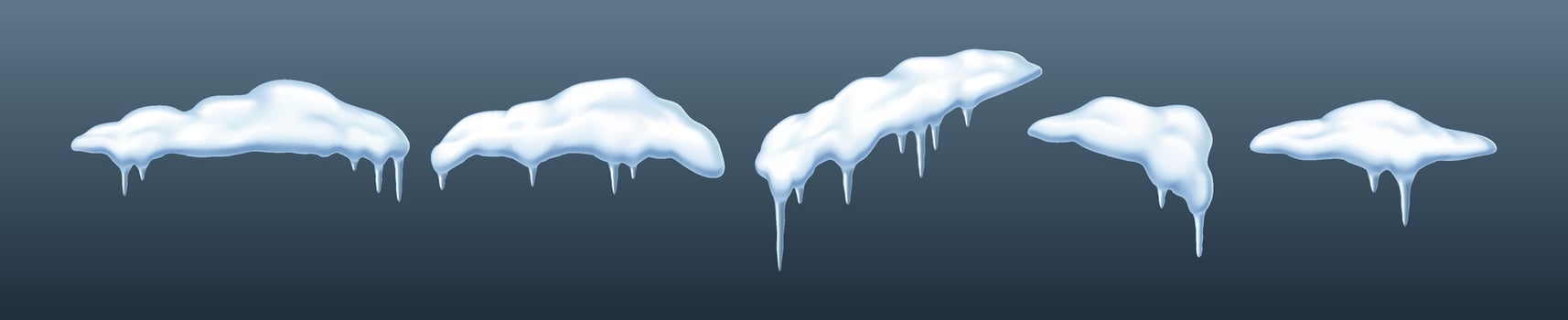 Snow heaps with icicles in winter wonderland realistic color icons set. Christmas holiday inspiration 3d objects collection on grey background vector