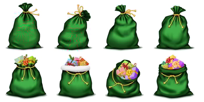 Green Christmas bags with golden ropes realistic color icons set. Santa Claus sacks with gifts 3d objects bundle on white background vector