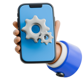 3D Hand Holding Smartphone with a settings gear icon Icon png