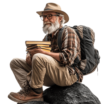 old man with backpack sitting on rock with books png