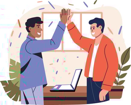 Employees giving high five on a team celebration, flat illustration vector