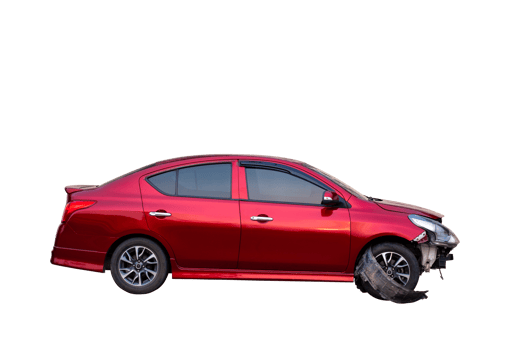 Car crash, Full body side view of red sedan car get damaged by accident on the road. damaged cars after collision. Isolated on transparent background, car crash broken, File png