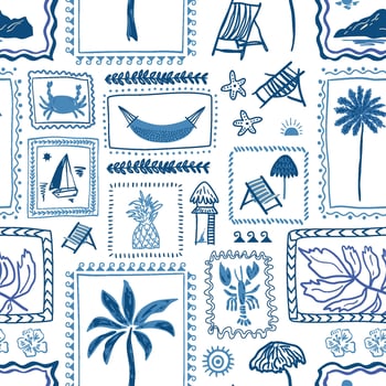 Blue summer tropical beach seamless pattern. Cute hand drawn palm tree, boat, lobster, cabin, sea island framed vacation illustration. Tropic story design, print, exotic wallpaper, textile. vector