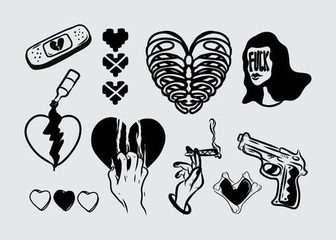 Gothic y2k design love sick streetwear element heart symbol element asset acid poster, tattoo style, illustration icon, symbol editable vector