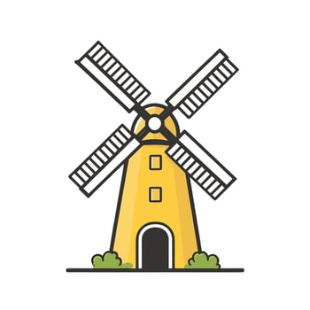 A flat illustration of retro old wooden windmill cartoon drawing for web design vector