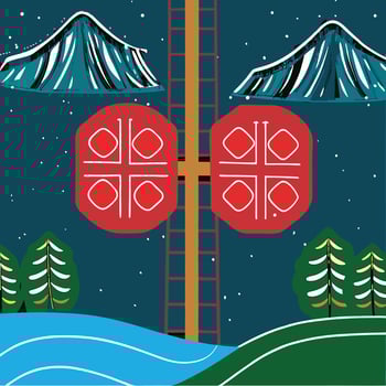 Abstract Night Landscape with Mountains, Ladder, and Geometric Gates vector