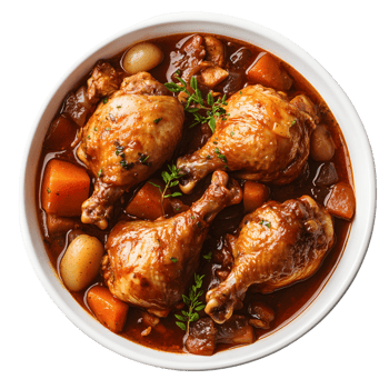 A bowl of coq au vin, a French chicken stew with red wine png
