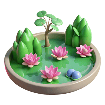 Isometric Render of a Tiny Pond with Water Lilies png