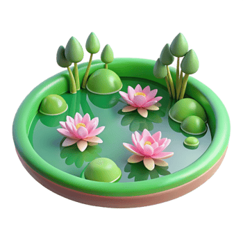 3D Rendered Pond with Water Lilies and Trees png
