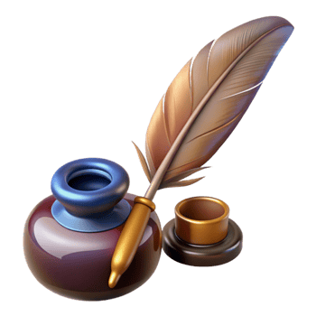 Inkwell and Quill Pen 3D Render png