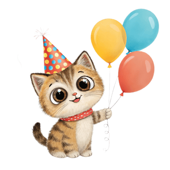 cute cartoon cat wearing party hat and holding colorful balloons, exuding joy and celebration. Perfect for festive themes and children illustrations png