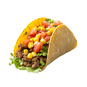 Taco with ground beef, cheese, lettuce, and vegetables isolated on a transparent background png