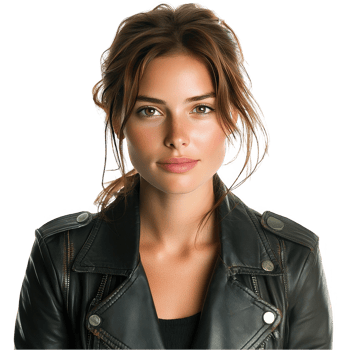 A young woman with a confident expression wearing a leather jacket png