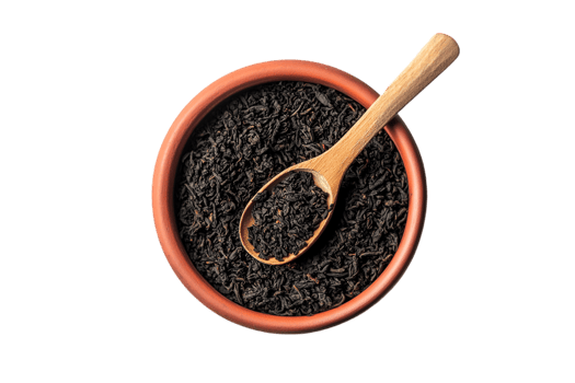 Dried tea leaves in a wooden bowl isolated on a transparent background png