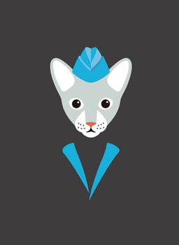 Portrait of cat, wearing hat, like flight attendant, cool style vector