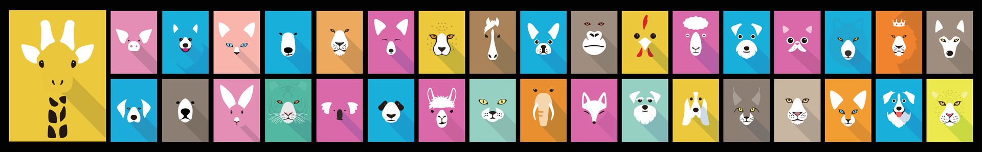 Animal cartoon faces, cute flat portrait icon, illustration vector