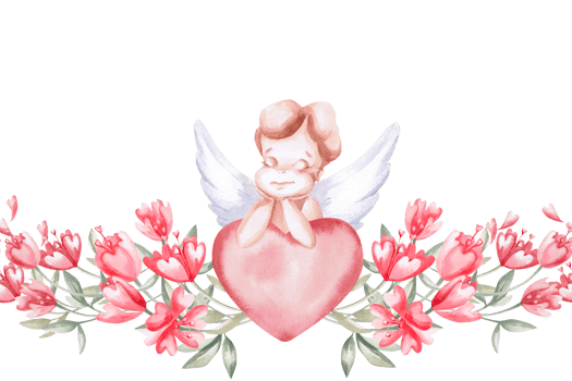 Seamless border angel with heart and flowers. Isolated watercolor illustration for design of cards, invitations, decoration of children's rooms, printing on posters and fabric. png