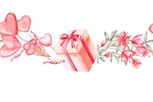 Gift box, balloons and candies in seamless border. Isolated watercolor illustration for design of cards, invitations, Valentine's Day decorations, poster and fabric prints. png