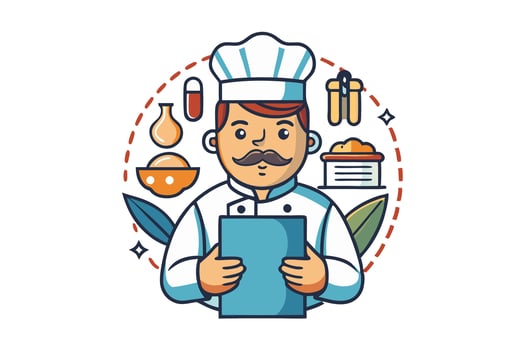 Creative cartoon chef character in a professional outfit, holding a recipe book, surrounded by colorful kitchen and food related icons vector