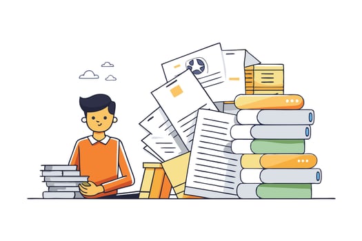 Minimalist illustration of a young student surrounded by a towering pile of books and documents symbolizing academic effort vector