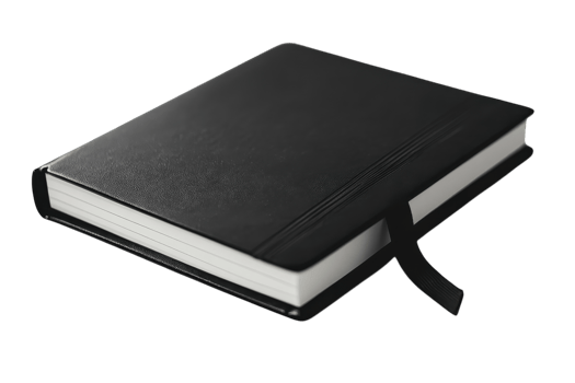 Elegant black notebook with a ribbon bookmark sits on a plain surface ready for thoughts and ideas png