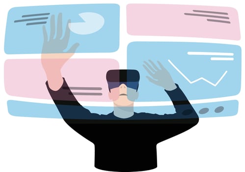 Man wearing VR glasses, hands up, touching the screen, doing data analysis vector