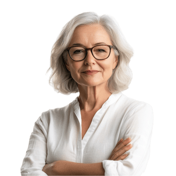 An older woman with glasses and a white shirt png