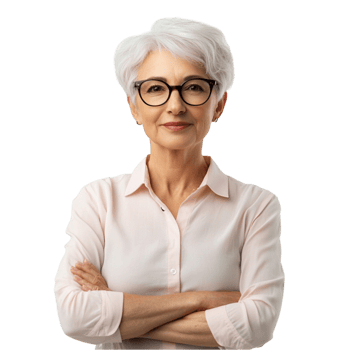 An older woman with glasses and a pink shirt png