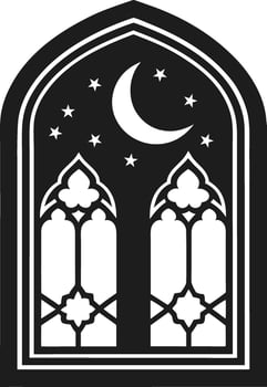 Intricate Islamic Pattern Window Silhouette with Crescent Moon and Stars - Illustration vector