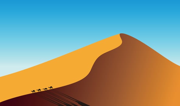 desert landscape on the sunset and camels walking on the dunes, illustration vector