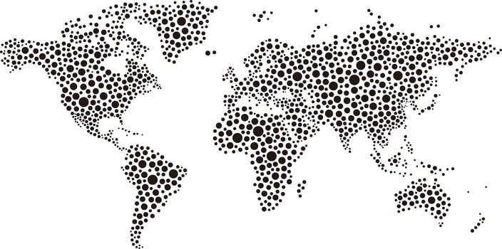 World map composed of different sizes polka dots vector