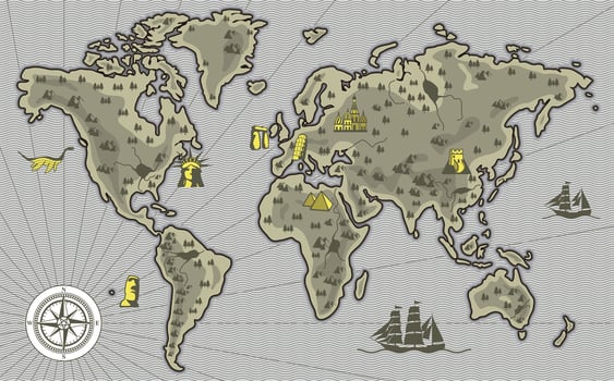 map of the world, famous landmark of the world vector
