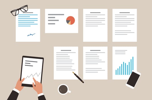 Businessman holding pad analyzing data, diagram, illustration vector