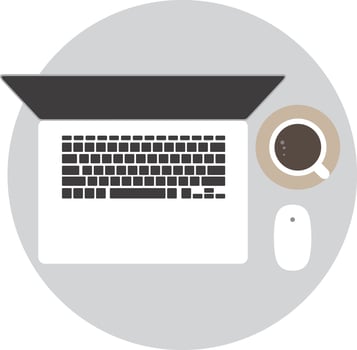 Laptop, coffee and mouse on the desk, top view, illustration vector