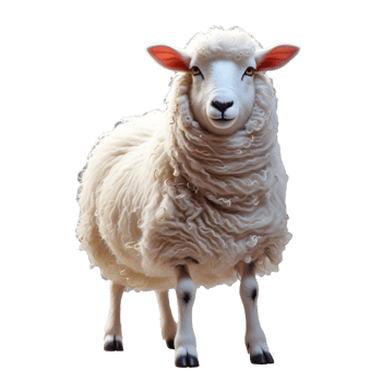 Photorealistic Sheep with Fluffy White Wool and Red Ears High Resolution Portrait png