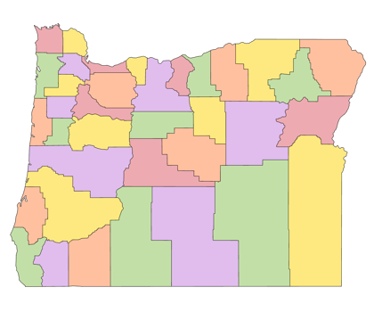Detailed Oregon state map with all counties highlighted in different colors colorful county boundaries educational geography chart USA state political divisions learning resource school atlas png