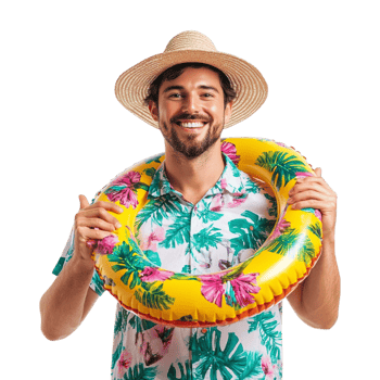 man in tropical shirt and hat holding an inflatable ring png