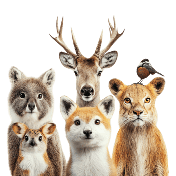 group of animals, including deer, fox, and bear png