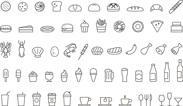Food and drink line icon set, cake, meal, illustration vector