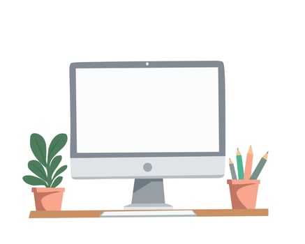computer monitor, pencils, and plant on desk vector