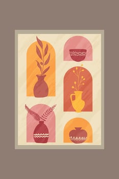 Colorful abstract artwork featuring various vase designs with botanical themes. The piece uses trendy earthy tones for a sophisticated and stylish interior decor element or graphic inspiration. vector